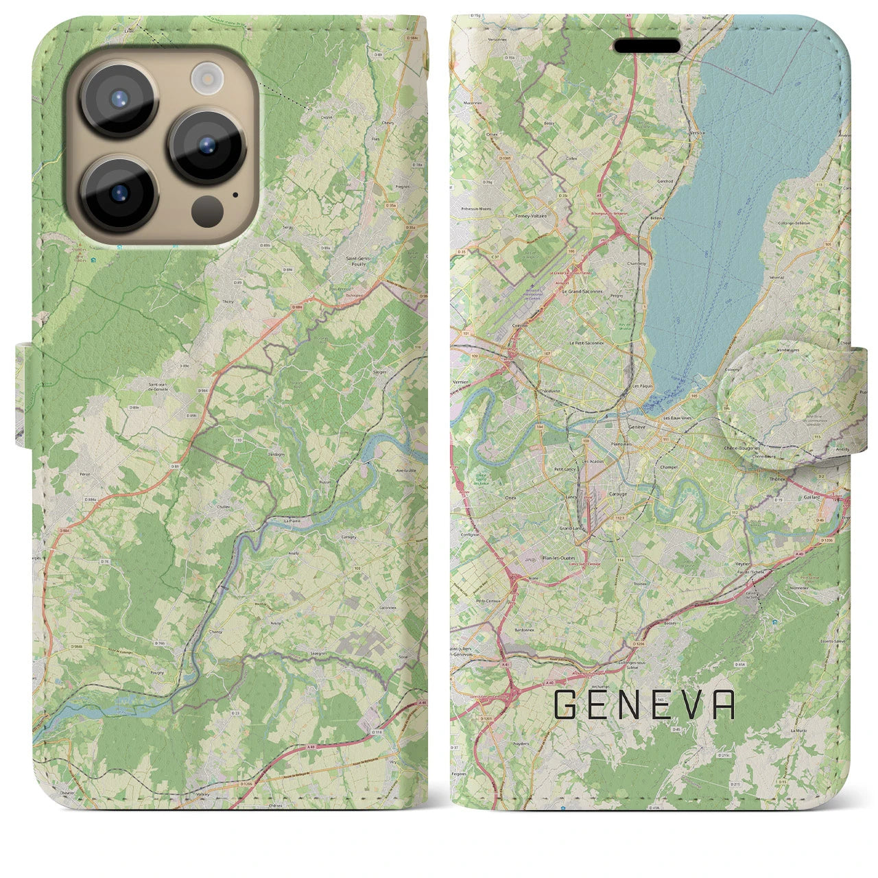 【ジュネーヴ】地図柄iPhoneケース（手帳両面タイプ・ナチュラル）iPhone 14 Pro Max 用