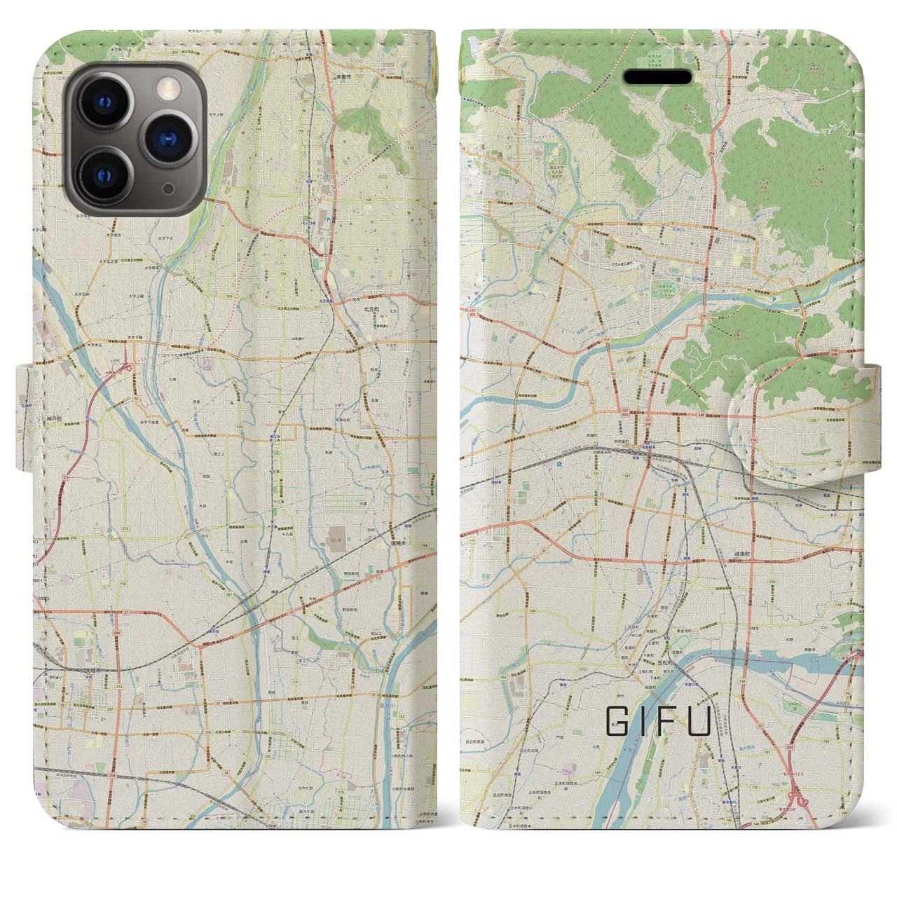 【岐阜】地図柄iPhoneケース（手帳両面タイプ・ナチュラル）iPhone 11 Pro Max 用