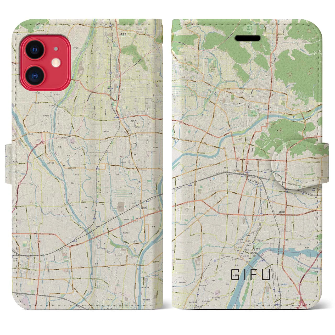 【岐阜】地図柄iPhoneケース（手帳両面タイプ・ナチュラル）iPhone 11 用