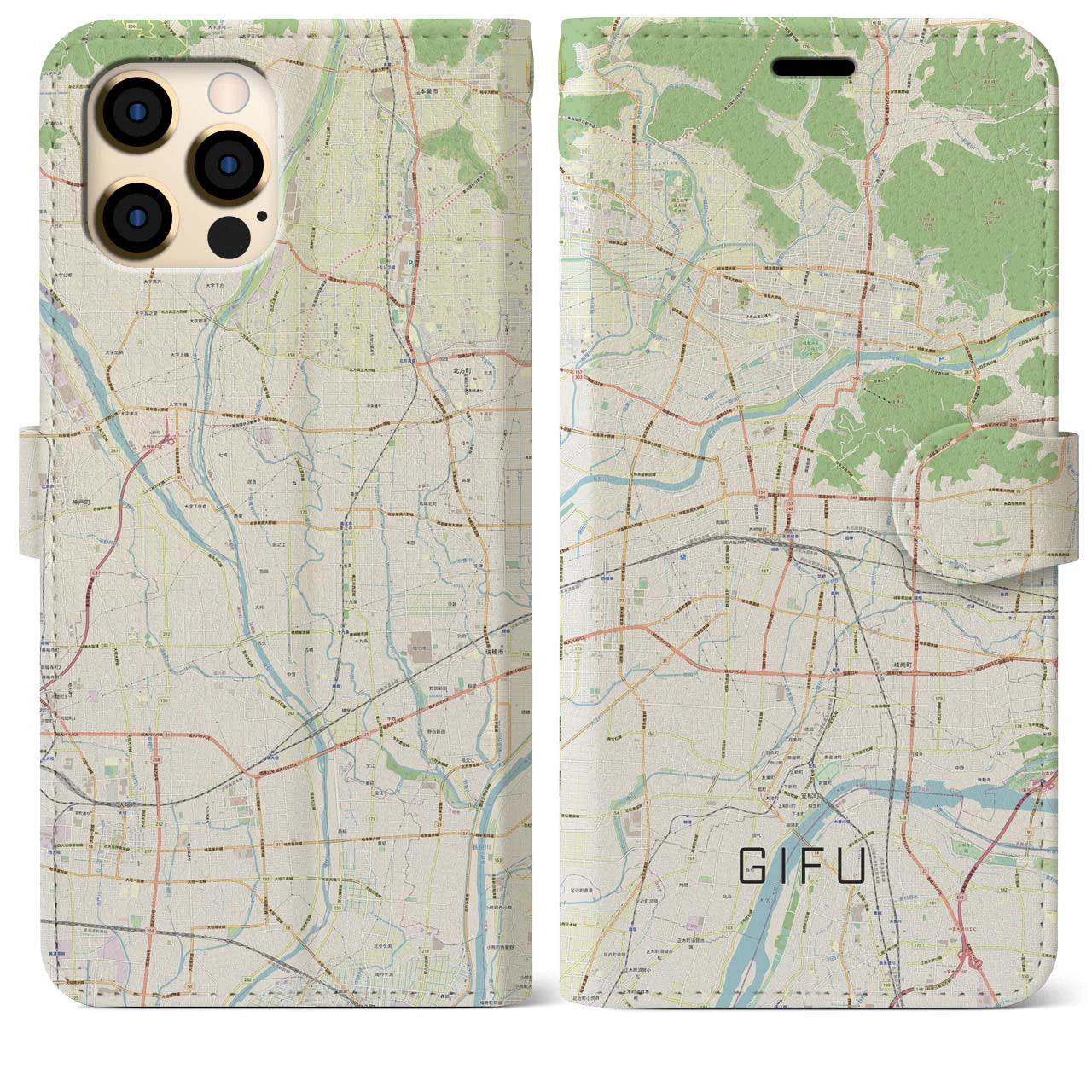 【岐阜】地図柄iPhoneケース（手帳両面タイプ・ナチュラル）iPhone 12 Pro Max 用