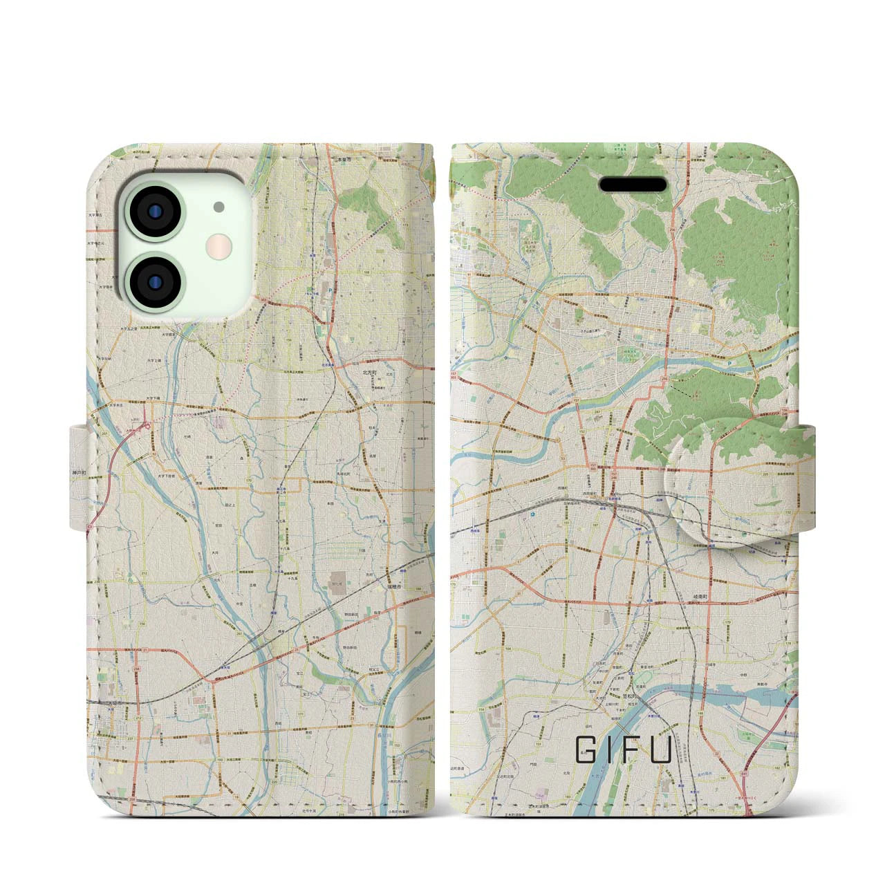 【岐阜】地図柄iPhoneケース（手帳両面タイプ・ナチュラル）iPhone 12 mini 用