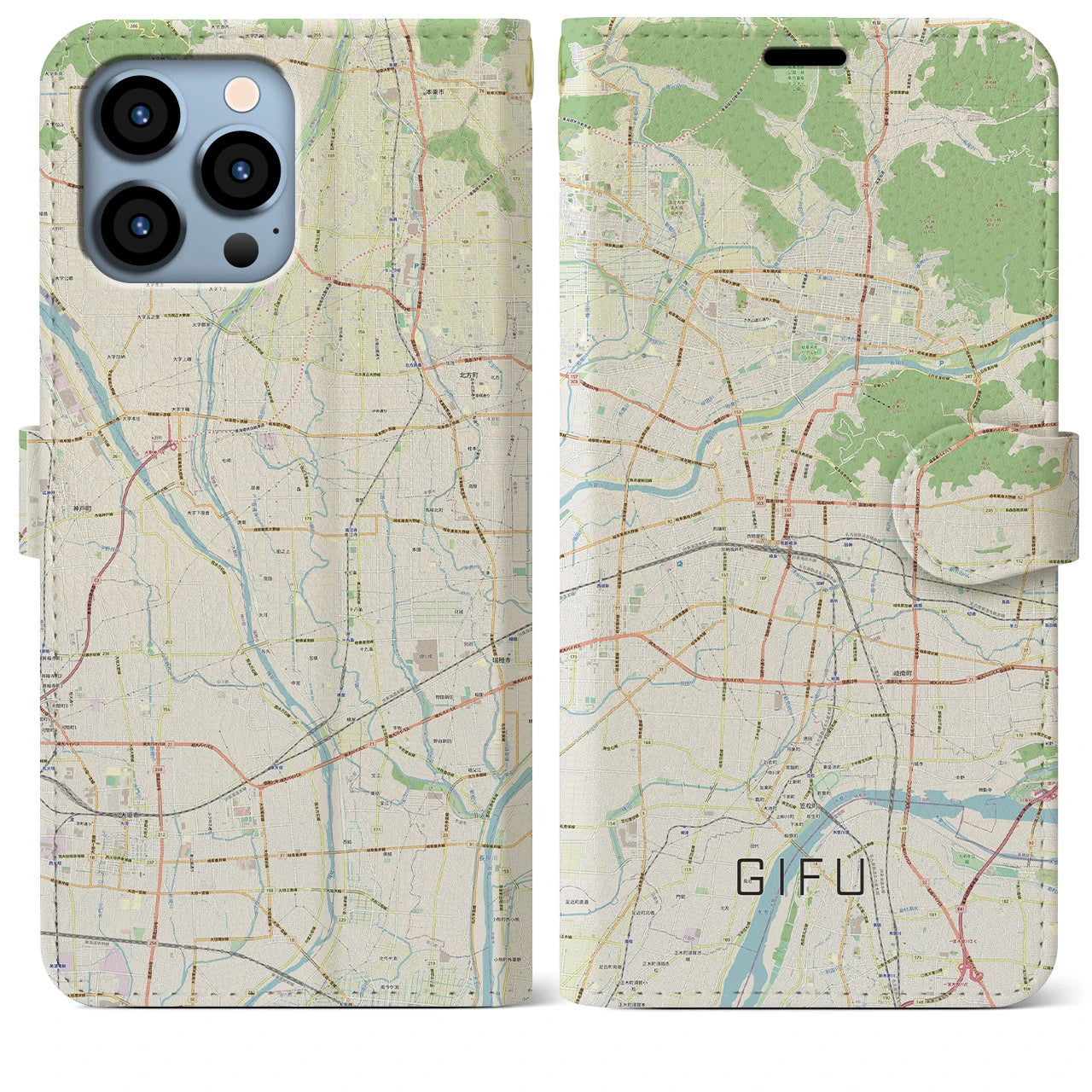 【岐阜】地図柄iPhoneケース（手帳両面タイプ・ナチュラル）iPhone 13 Pro Max 用