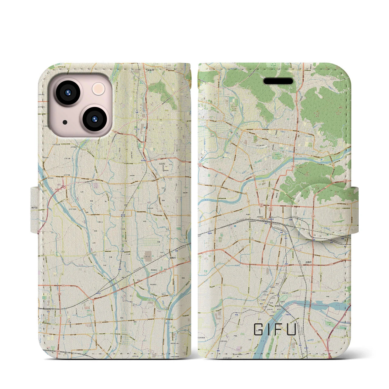 【岐阜】地図柄iPhoneケース（手帳両面タイプ・ナチュラル）iPhone 13 mini 用