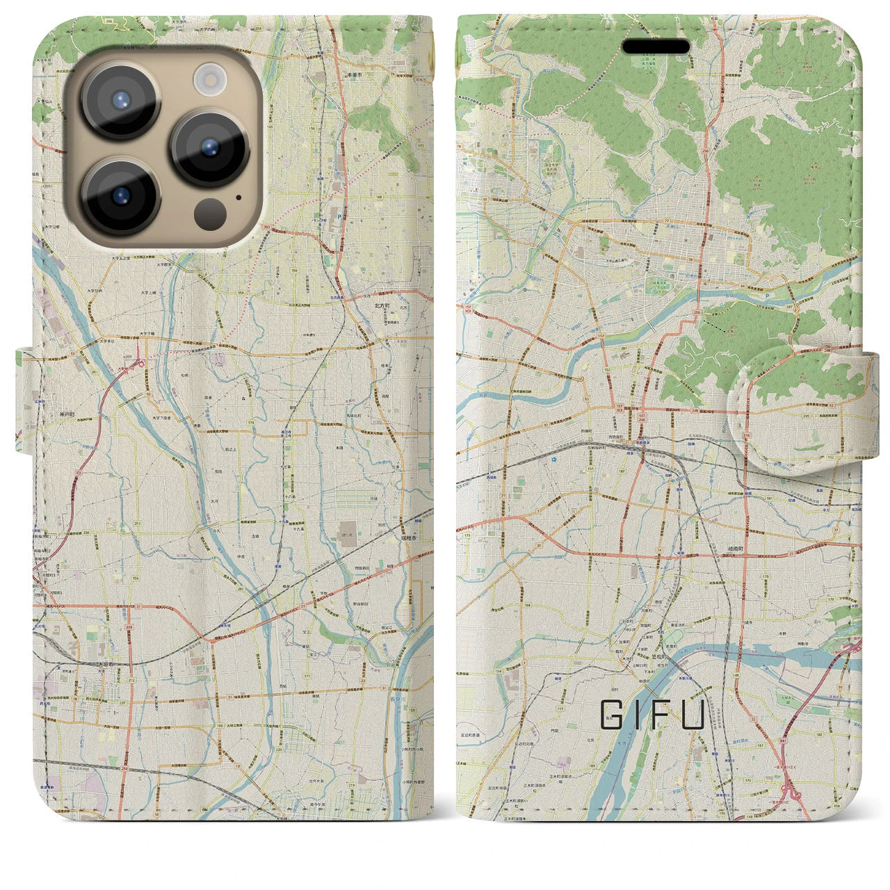 【岐阜】地図柄iPhoneケース（手帳両面タイプ・ナチュラル）iPhone 14 Pro Max 用