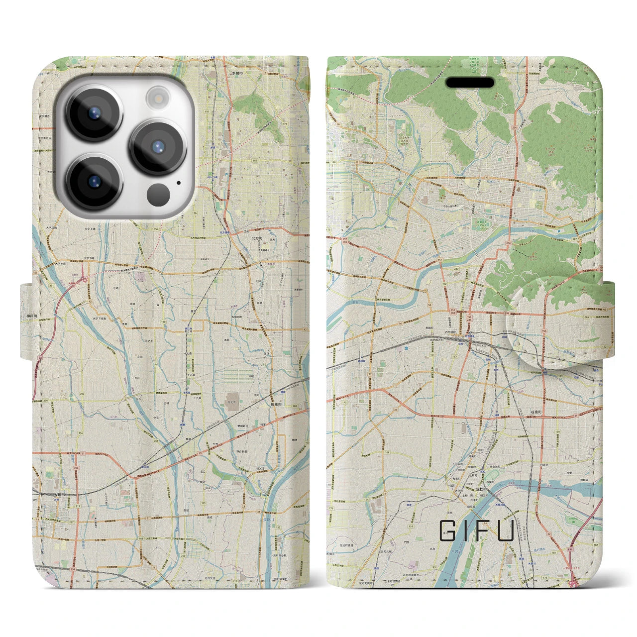【岐阜】地図柄iPhoneケース（手帳両面タイプ・ナチュラル）iPhone 14 Pro 用