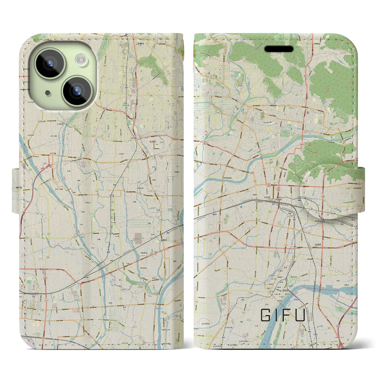 【岐阜】地図柄iPhoneケース（手帳両面タイプ・ナチュラル）iPhone 15 用