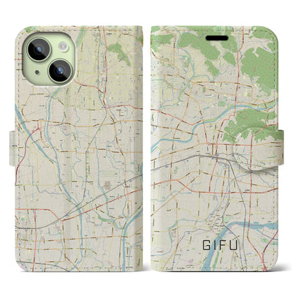 【岐阜（岐阜県）】地図柄iPhoneケース（手帳タイプ）ナチュラル・iPhone 15 用