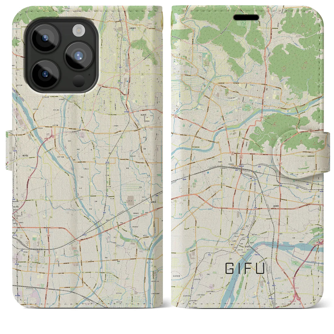 【岐阜】地図柄iPhoneケース（手帳両面タイプ・ナチュラル）iPhone 15 Pro Max 用