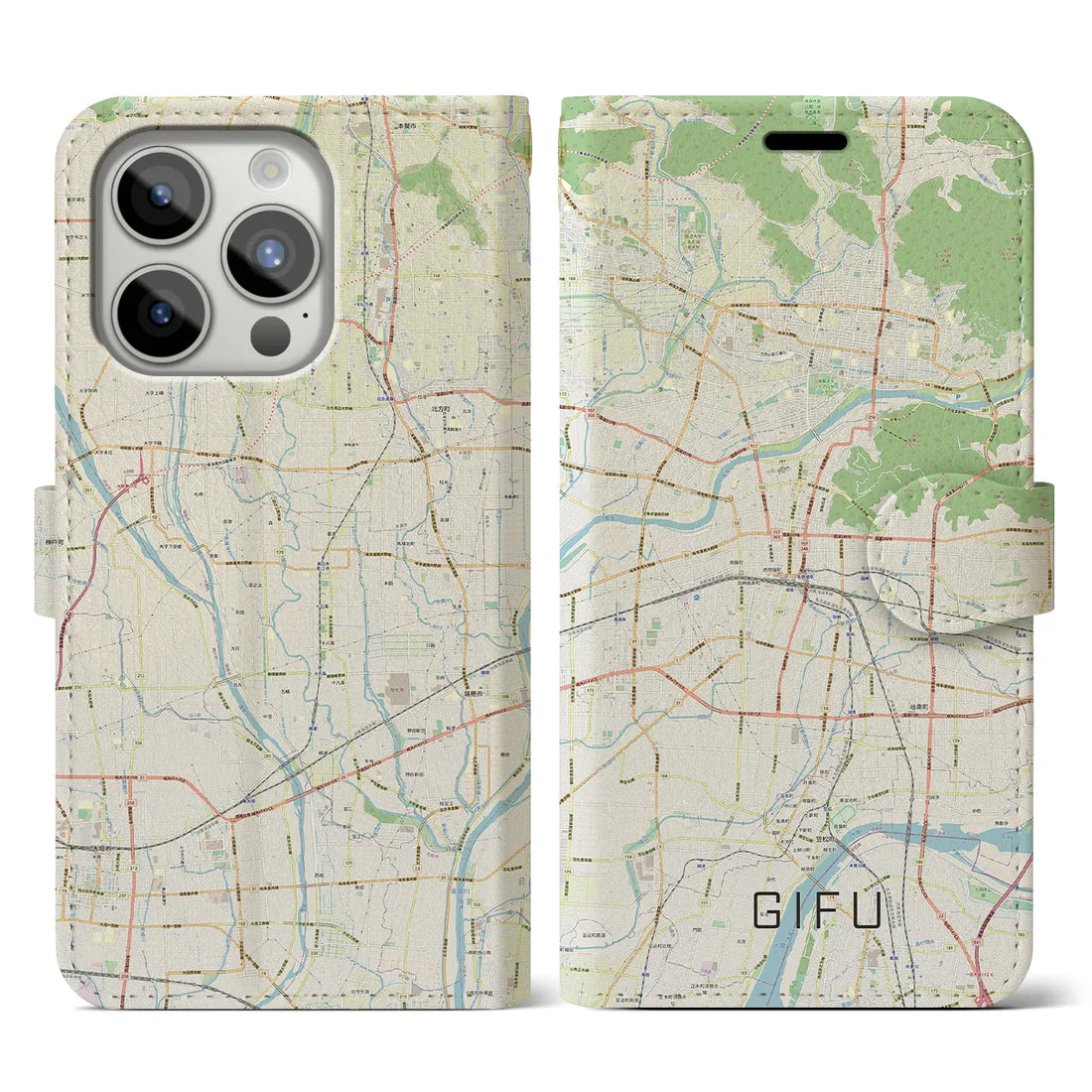 【岐阜】地図柄iPhoneケース（手帳両面タイプ・ナチュラル）iPhone 15 Pro 用