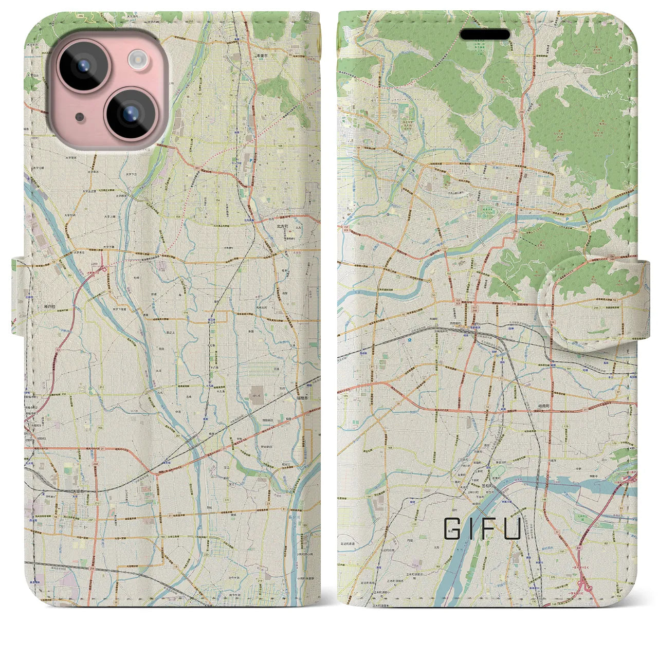 【岐阜】地図柄iPhoneケース（手帳両面タイプ・ナチュラル）iPhone 15 Plus 用
