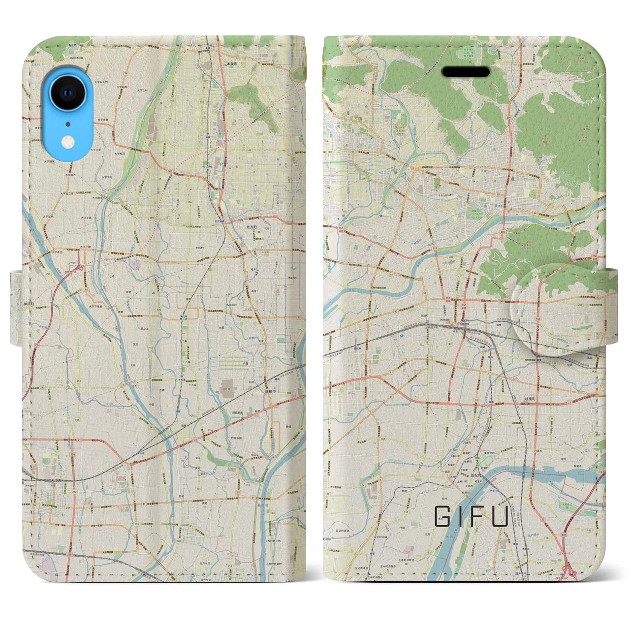 【岐阜】地図柄iPhoneケース（手帳両面タイプ・ナチュラル）iPhone XR 用