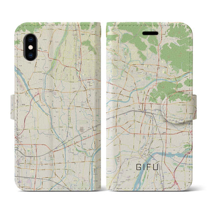 【岐阜（岐阜県）】地図柄iPhoneケース（手帳タイプ）ナチュラル・iPhone XS / X 用