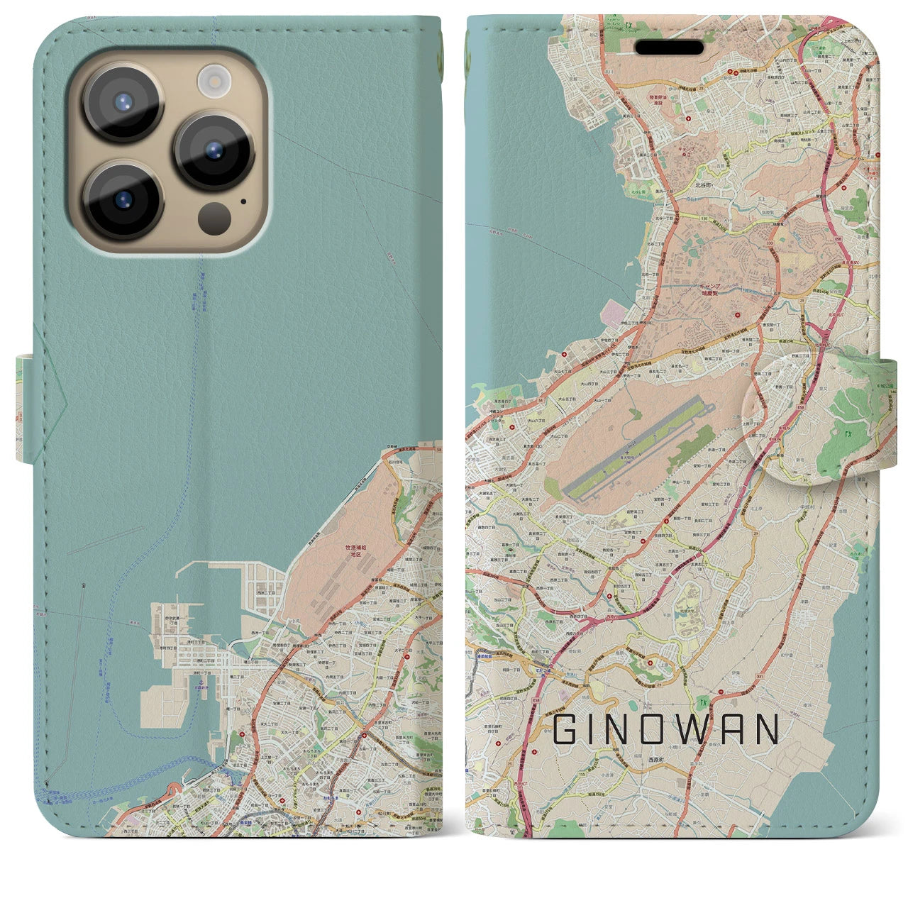 【宜野湾】地図柄iPhoneケース（手帳両面タイプ・ナチュラル）iPhone 14 Pro Max 用
