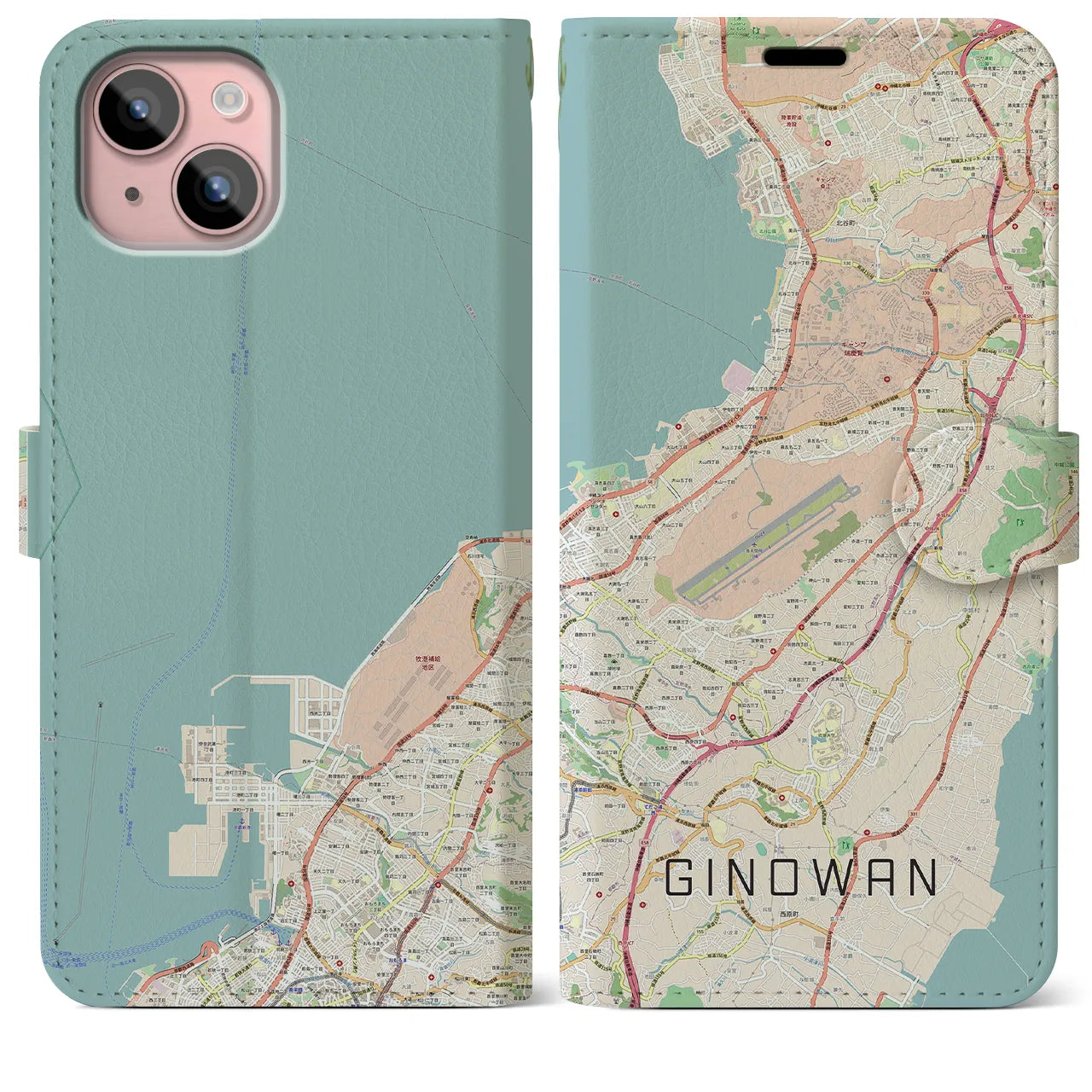 【宜野湾】地図柄iPhoneケース（手帳両面タイプ・ナチュラル）iPhone 15 Plus 用
