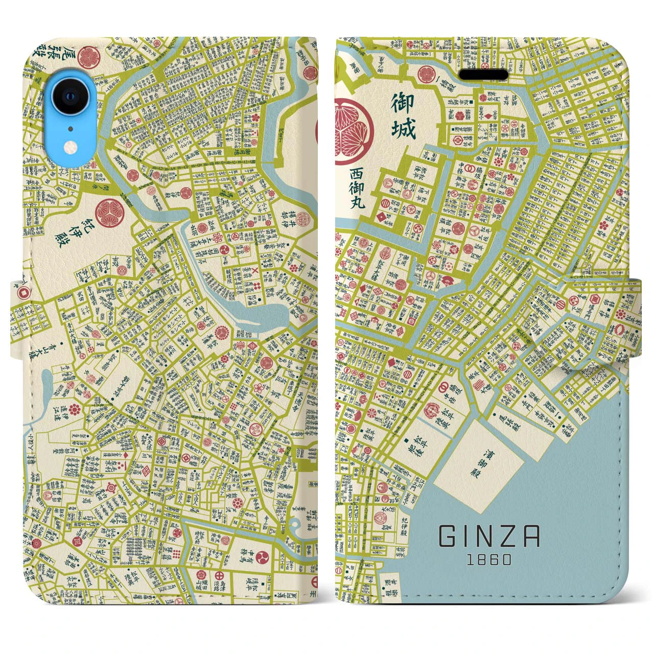 【銀座1860】地図柄iPhoneケース（手帳両面タイプ・ナチュラル）iPhone XR 用
