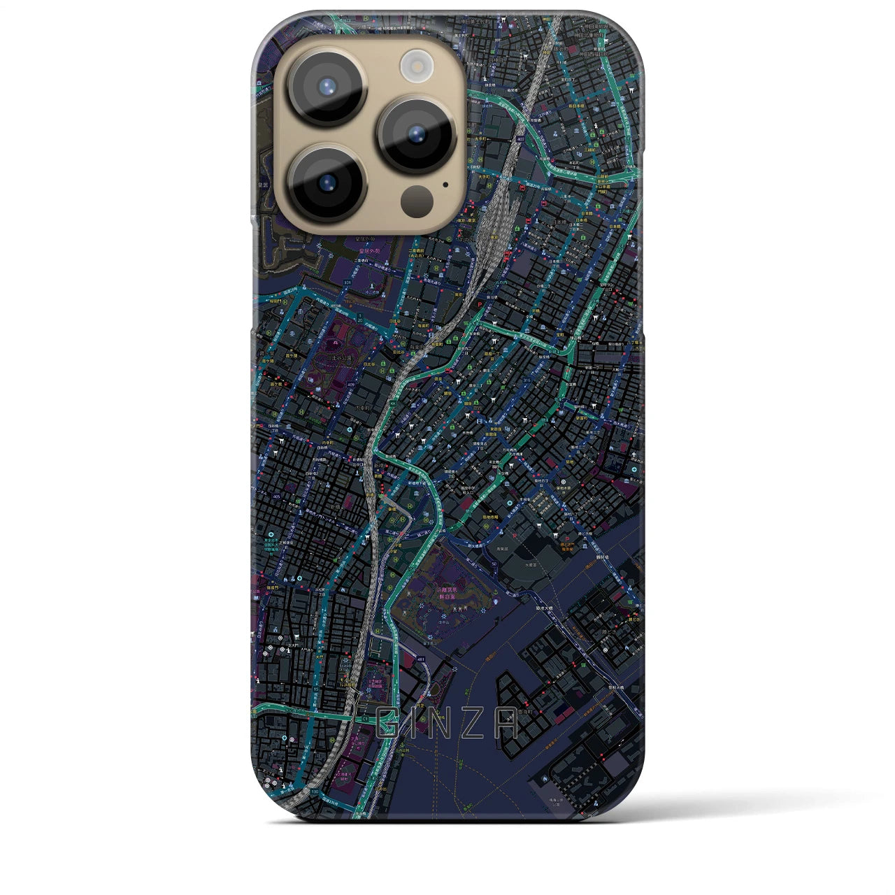 【銀座】地図柄iPhoneケース（バックカバータイプ・ブラック）iPhone 14 Pro Max 用