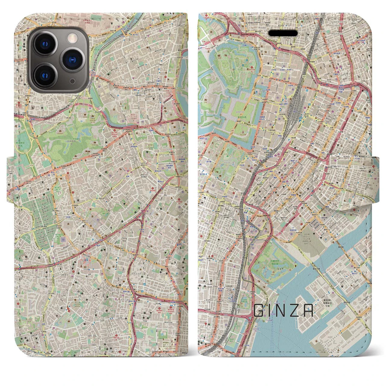【銀座】地図柄iPhoneケース（手帳両面タイプ・ナチュラル）iPhone 11 Pro Max 用