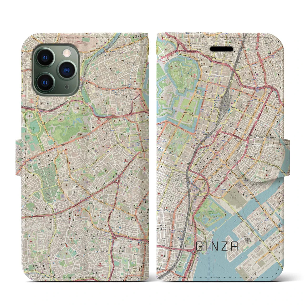 【銀座】地図柄iPhoneケース（手帳両面タイプ・ナチュラル）iPhone 11 Pro 用