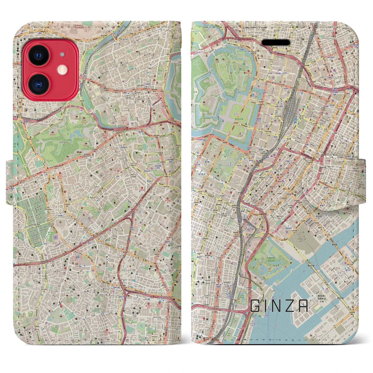 【銀座】地図柄iPhoneケース（手帳両面タイプ・ナチュラル）iPhone 11 用