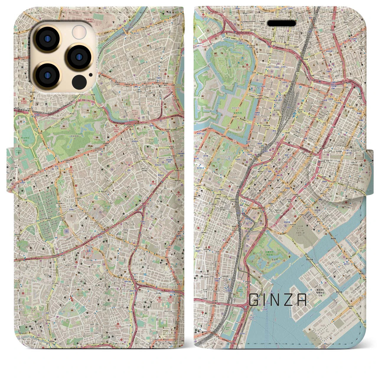 【銀座】地図柄iPhoneケース（手帳両面タイプ・ナチュラル）iPhone 12 Pro Max 用