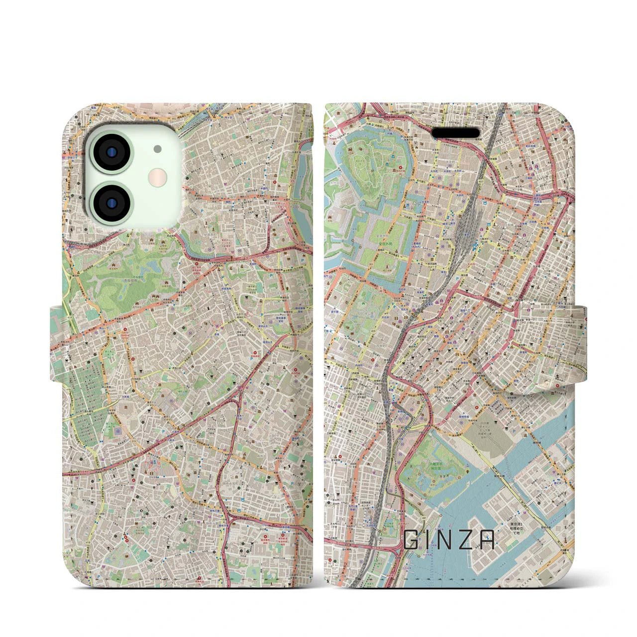 【銀座】地図柄iPhoneケース（手帳両面タイプ・ナチュラル）iPhone 12 mini 用