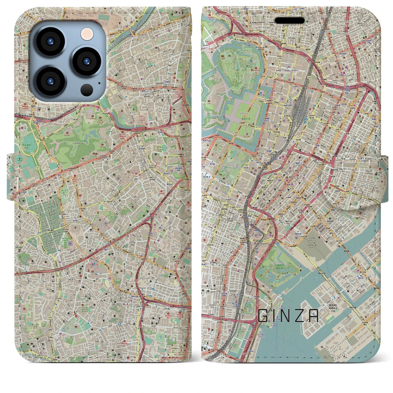 【銀座】地図柄iPhoneケース（手帳両面タイプ・ナチュラル）iPhone 13 Pro Max 用