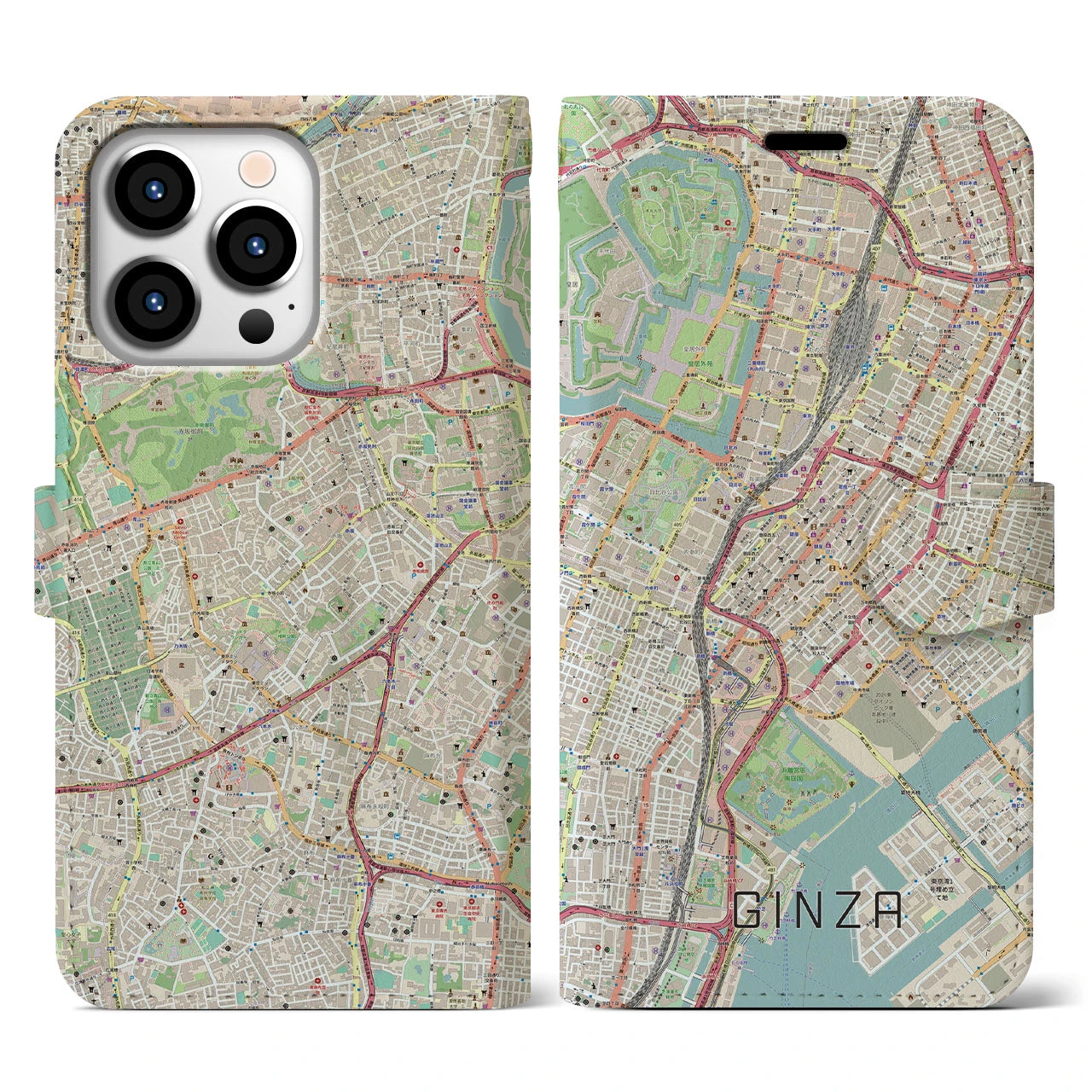 【銀座】地図柄iPhoneケース（手帳両面タイプ・ナチュラル）iPhone 13 Pro 用