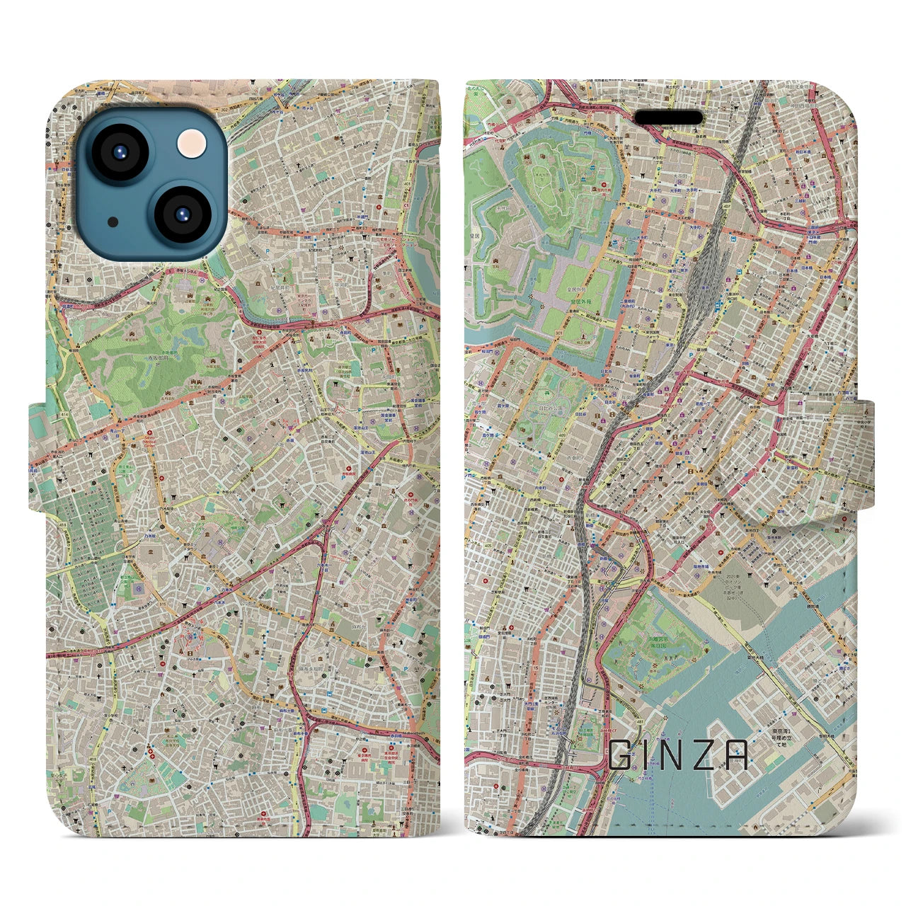 【銀座】地図柄iPhoneケース（手帳両面タイプ・ナチュラル）iPhone 13 用