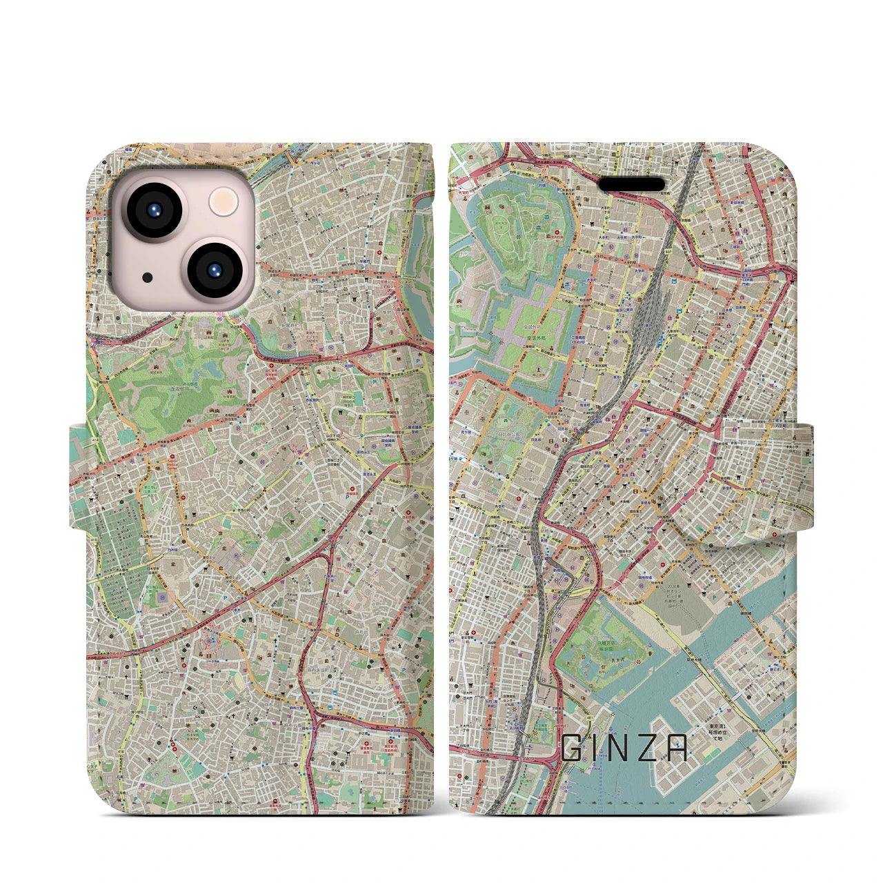 【銀座】地図柄iPhoneケース（手帳両面タイプ・ナチュラル）iPhone 13 mini 用