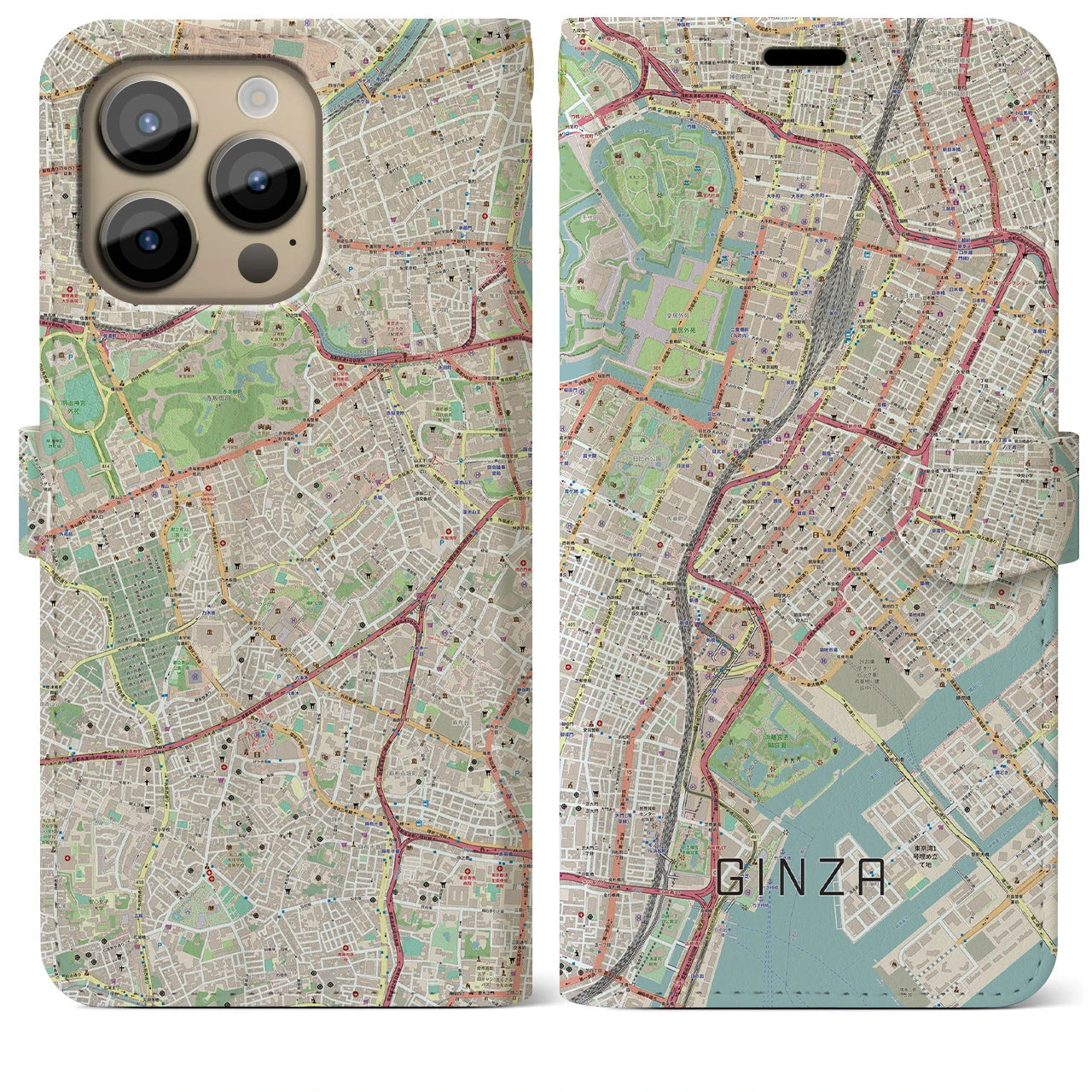 【銀座】地図柄iPhoneケース（手帳両面タイプ・ナチュラル）iPhone 14 Pro Max 用