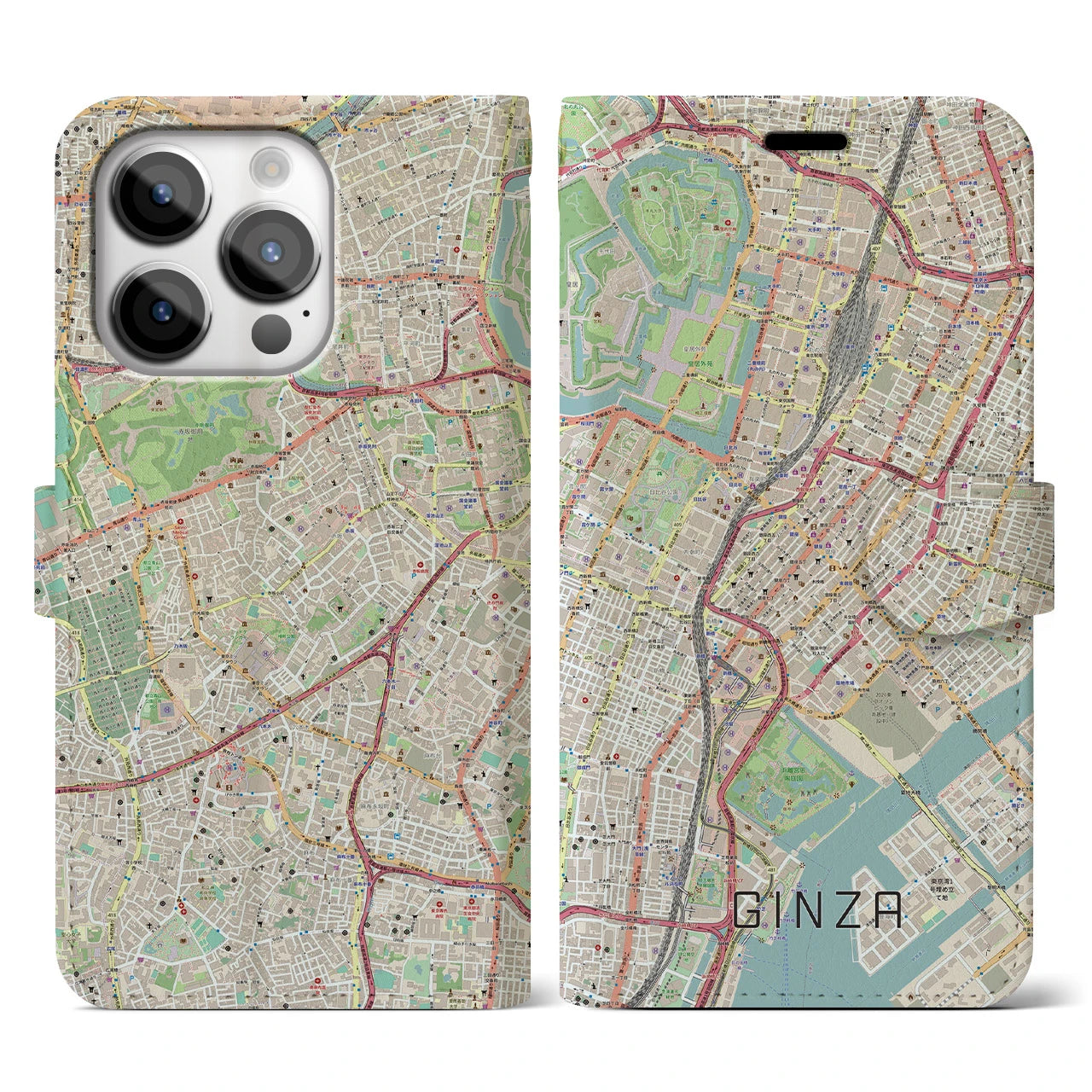【銀座】地図柄iPhoneケース（手帳両面タイプ・ナチュラル）iPhone 14 Pro 用