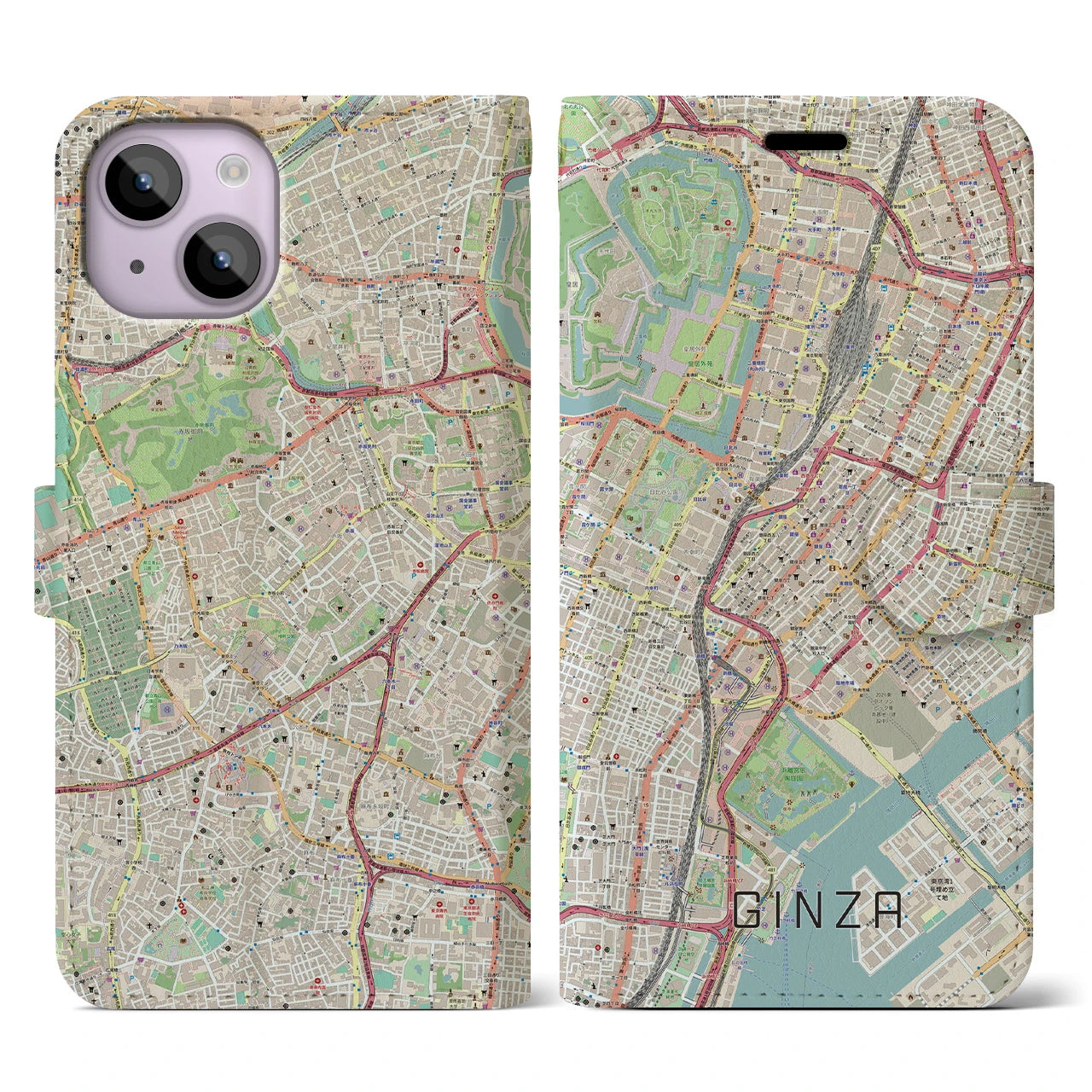 【銀座】地図柄iPhoneケース（手帳両面タイプ・ナチュラル）iPhone 14 用