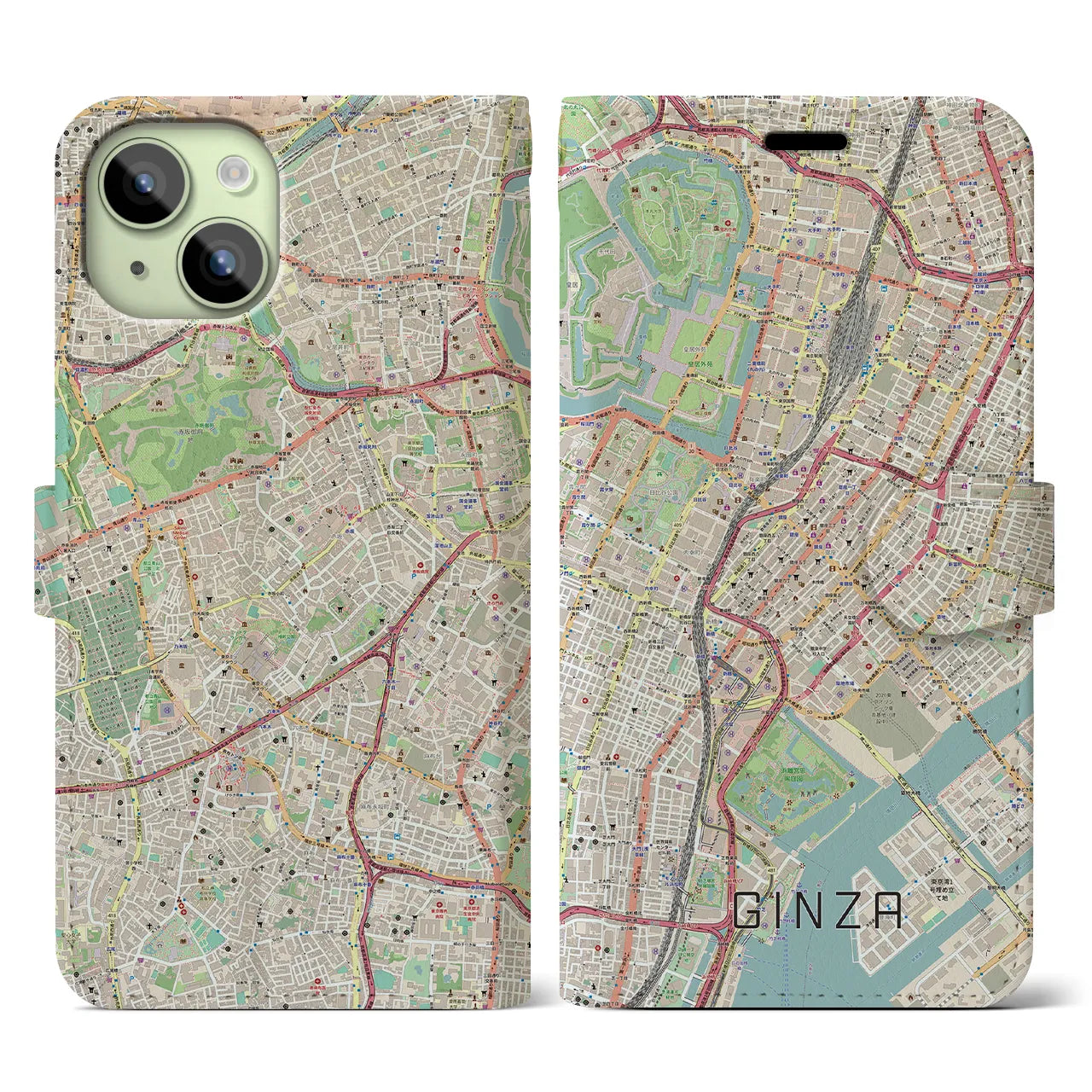 【銀座】地図柄iPhoneケース（手帳両面タイプ・ナチュラル）iPhone 15 用