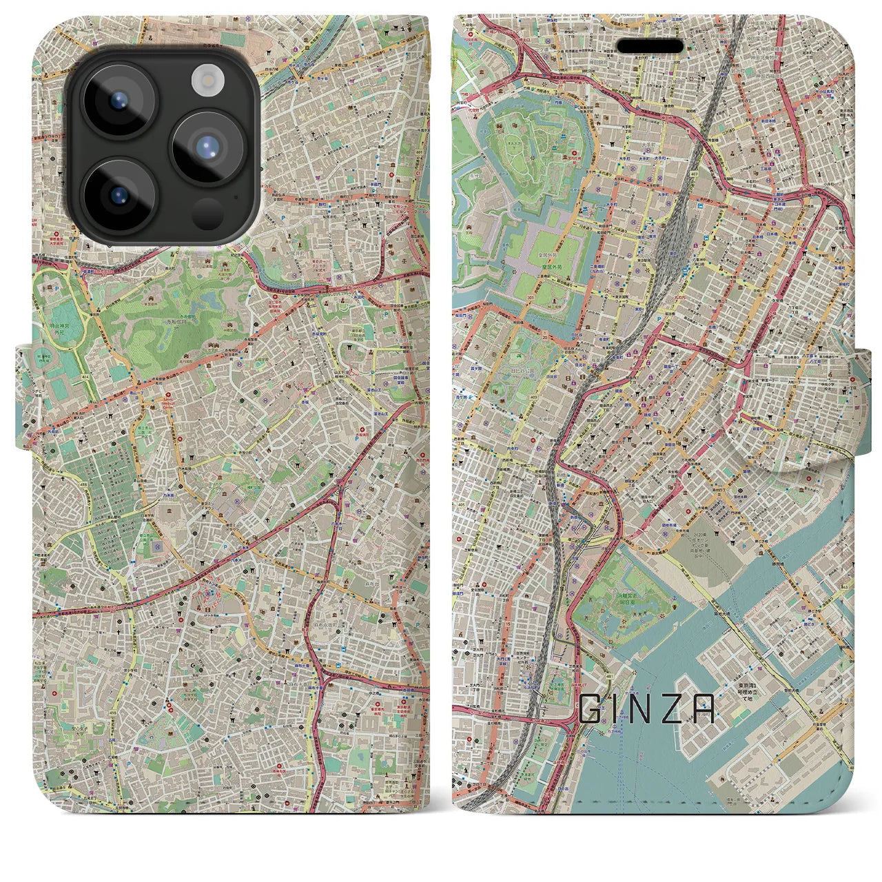 【銀座】地図柄iPhoneケース（手帳両面タイプ・ナチュラル）iPhone 15 Pro Max 用