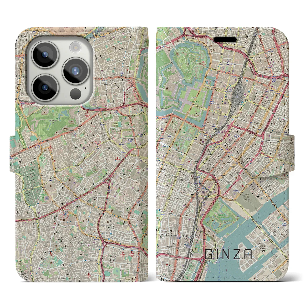 【銀座】地図柄iPhoneケース（手帳両面タイプ・ナチュラル）iPhone 15 Pro 用