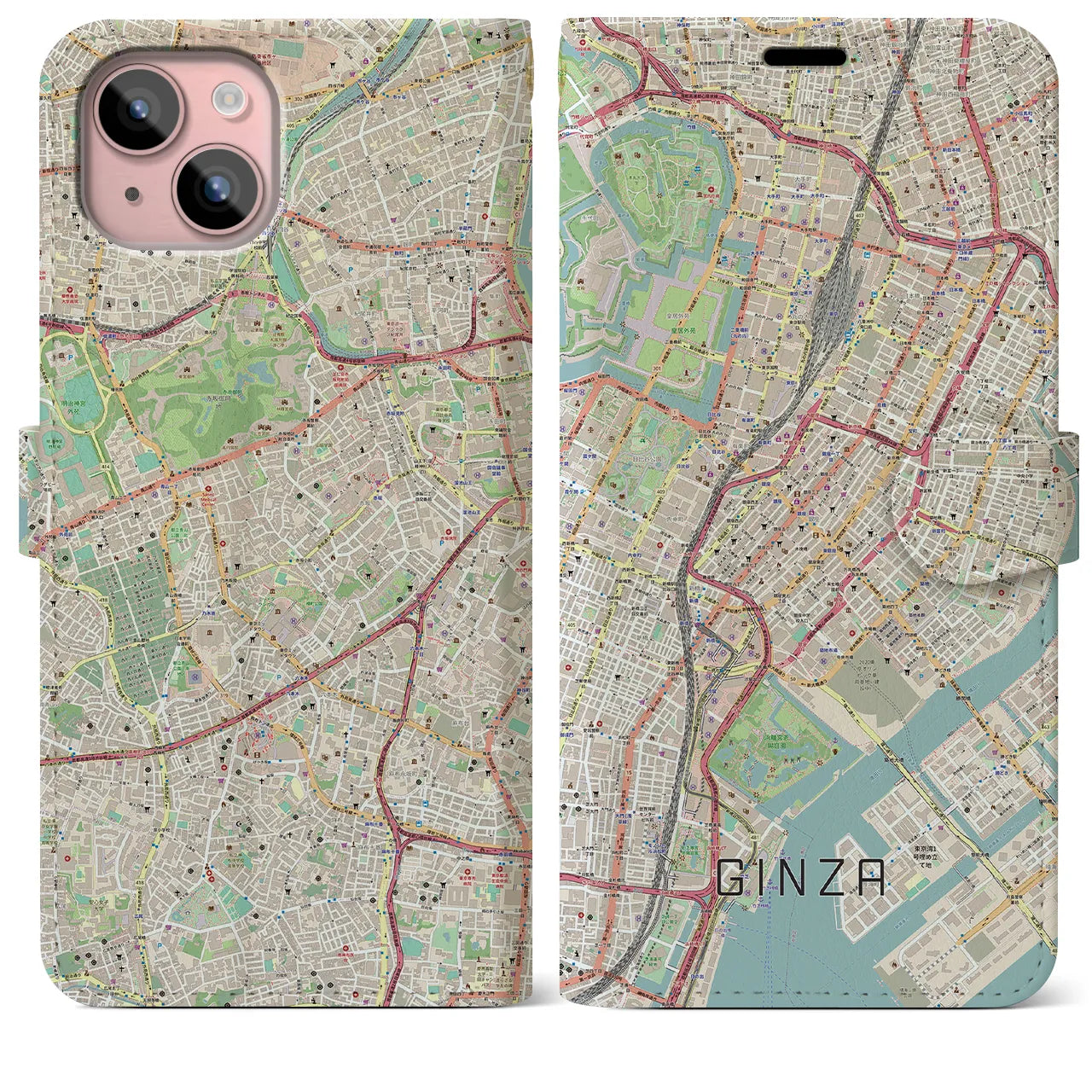 【銀座】地図柄iPhoneケース（手帳両面タイプ・ナチュラル）iPhone 15 Plus 用
