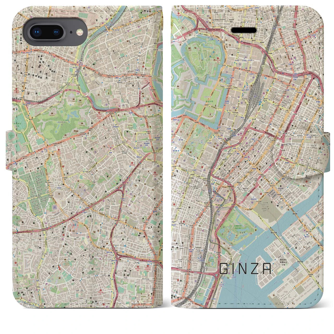 【銀座】地図柄iPhoneケース（手帳両面タイプ・ナチュラル）iPhone 8Plus /7Plus / 6sPlus / 6Plus 用