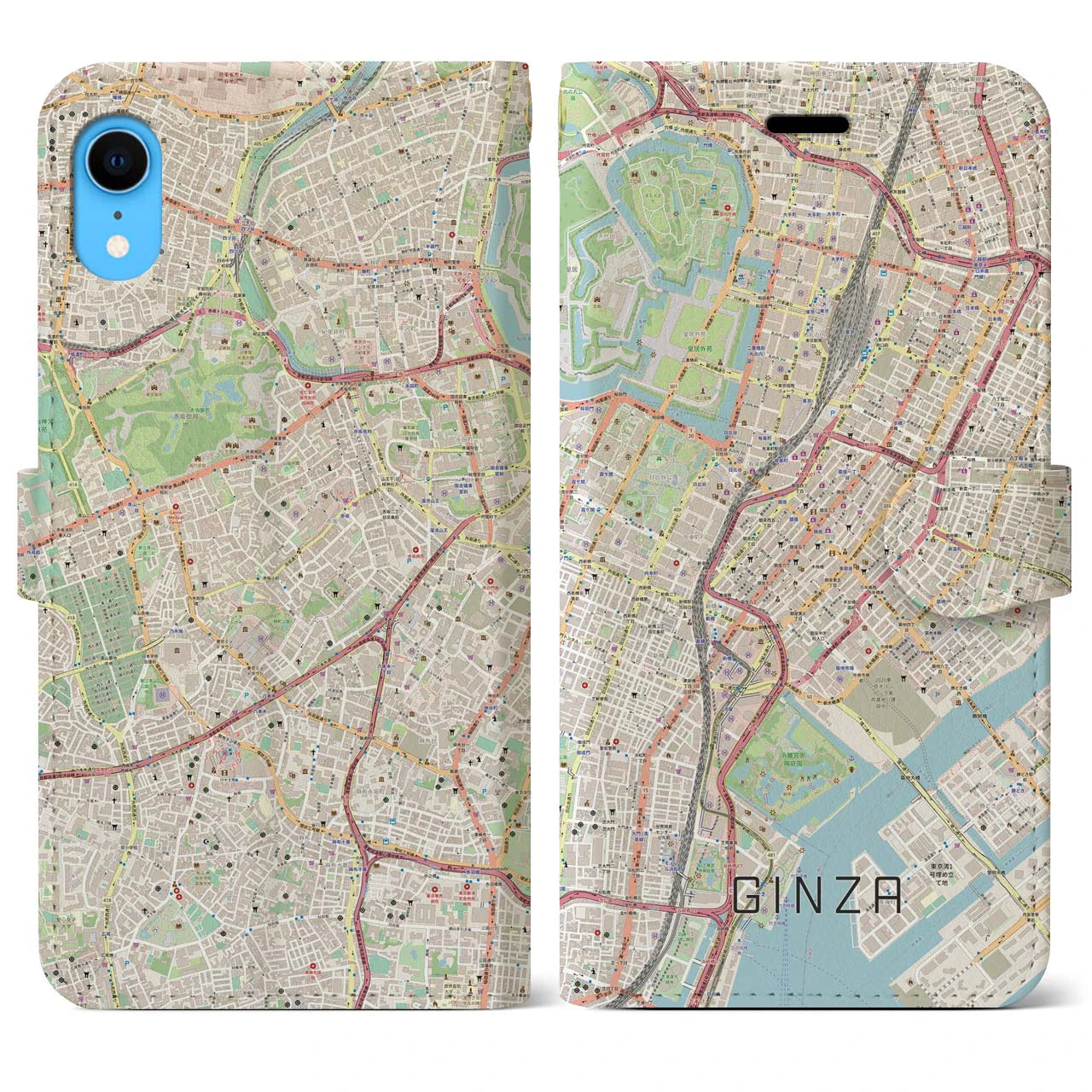 【銀座】地図柄iPhoneケース（手帳両面タイプ・ナチュラル）iPhone XR 用