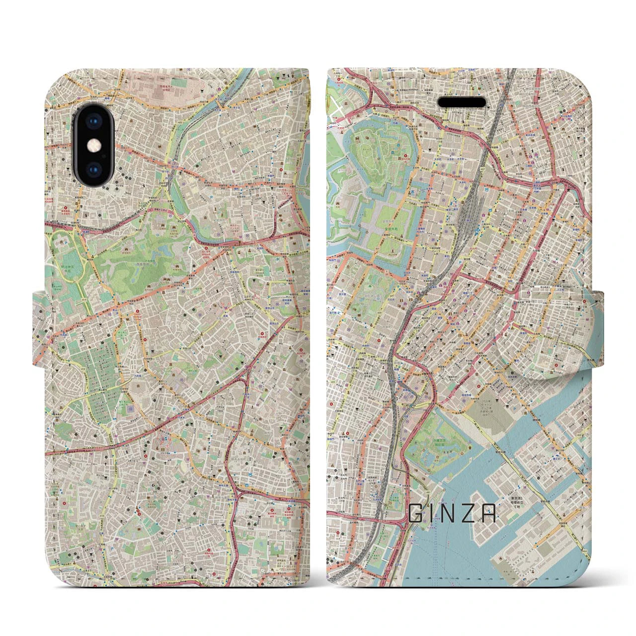 【銀座】地図柄iPhoneケース（手帳両面タイプ・ナチュラル）iPhone XS / X 用