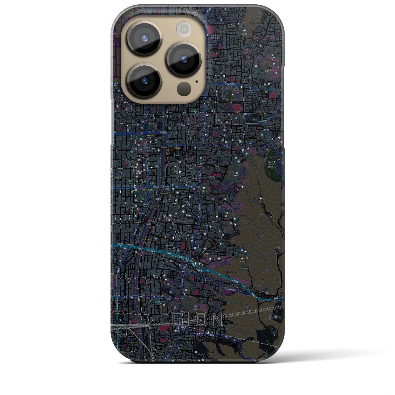 【祇園】地図柄iPhoneケース（バックカバータイプ・ブラック）iPhone 14 Pro Max 用