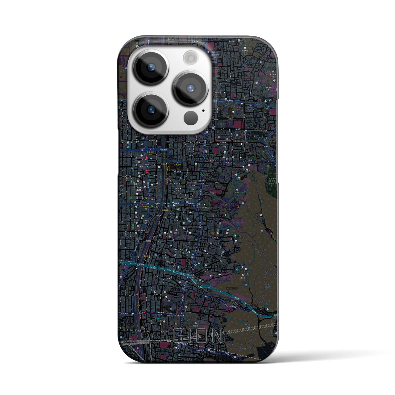 【祇園】地図柄iPhoneケース（バックカバータイプ・ブラック）iPhone 14 Pro 用