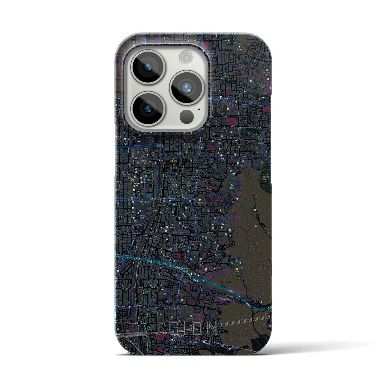 【祇園】地図柄iPhoneケース（バックカバータイプ・ブラック）iPhone 15 Pro 用