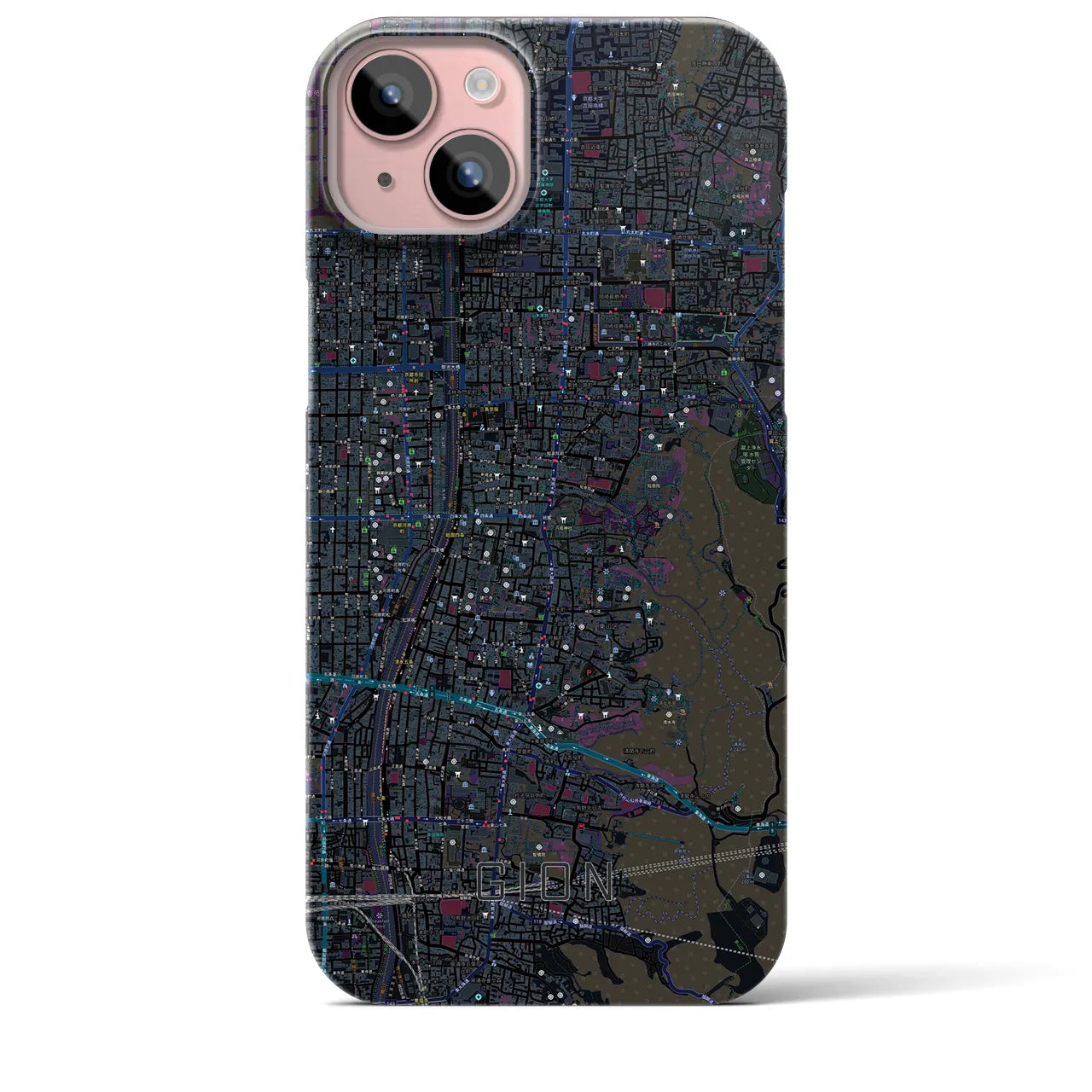 【祇園】地図柄iPhoneケース（バックカバータイプ・ブラック）iPhone 15 Plus 用