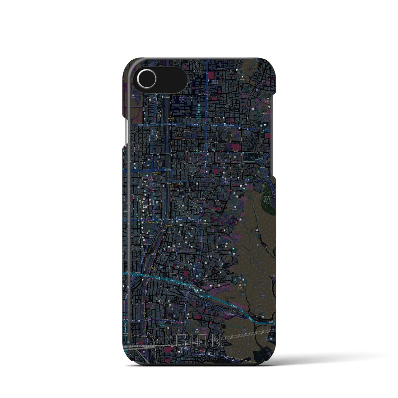 【祇園】地図柄iPhoneケース（バックカバータイプ・ブラック）iPhone SE（第3 / 第2世代） / 8 / 7 / 6s / 6 用