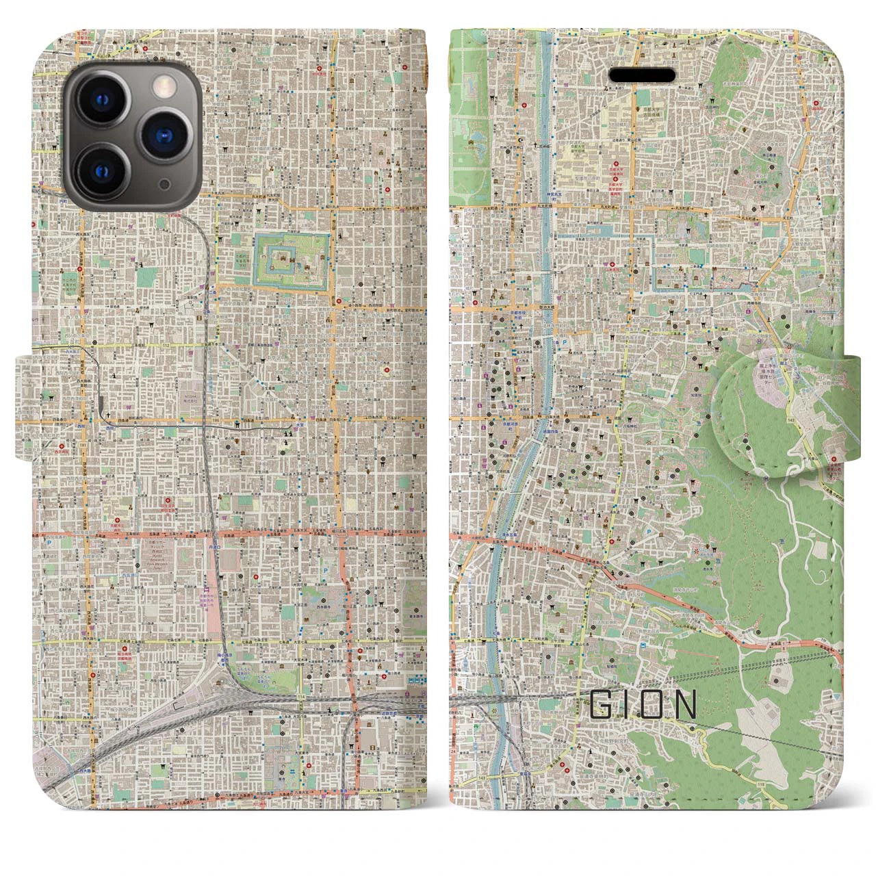 【祇園】地図柄iPhoneケース（手帳両面タイプ・ナチュラル）iPhone 11 Pro Max 用