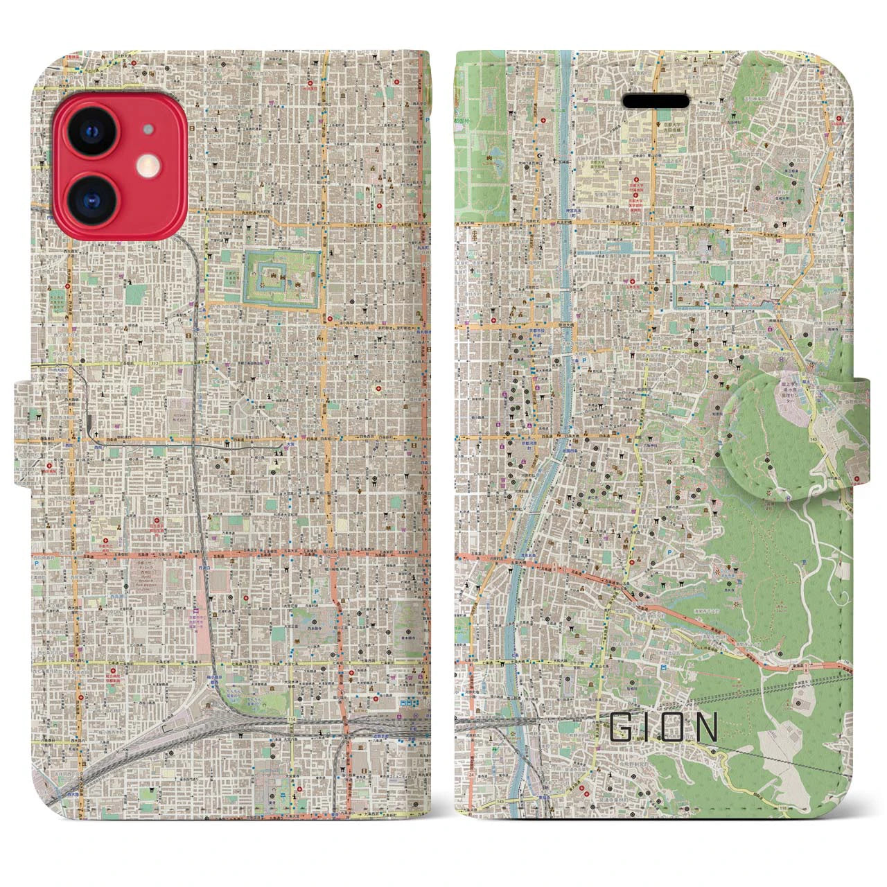 【祇園】地図柄iPhoneケース（手帳両面タイプ・ナチュラル）iPhone 11 用