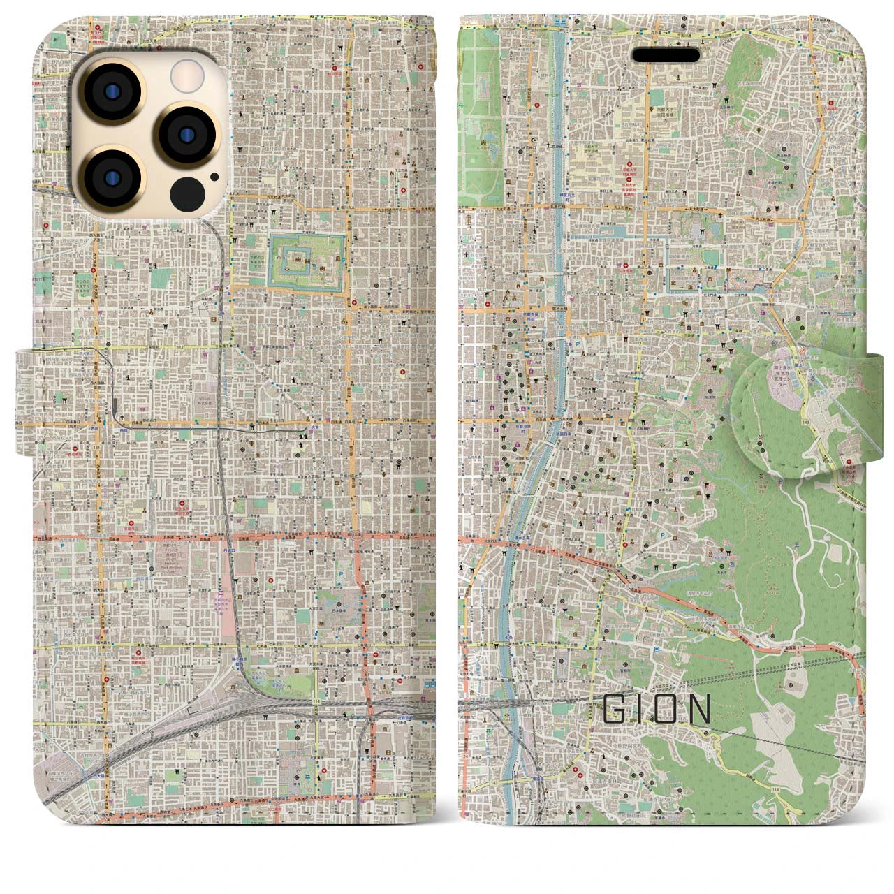 【祇園】地図柄iPhoneケース（手帳両面タイプ・ナチュラル）iPhone 12 Pro Max 用