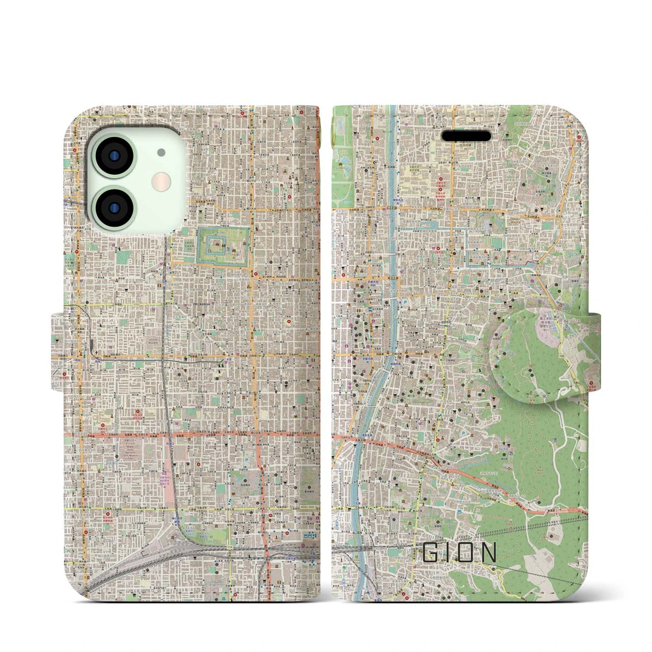 【祇園】地図柄iPhoneケース（手帳両面タイプ・ナチュラル）iPhone 12 mini 用