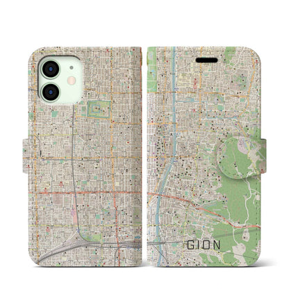 【祇園（京都府）】地図柄iPhoneケース（手帳タイプ）ナチュラル・iPhone 12 mini 用