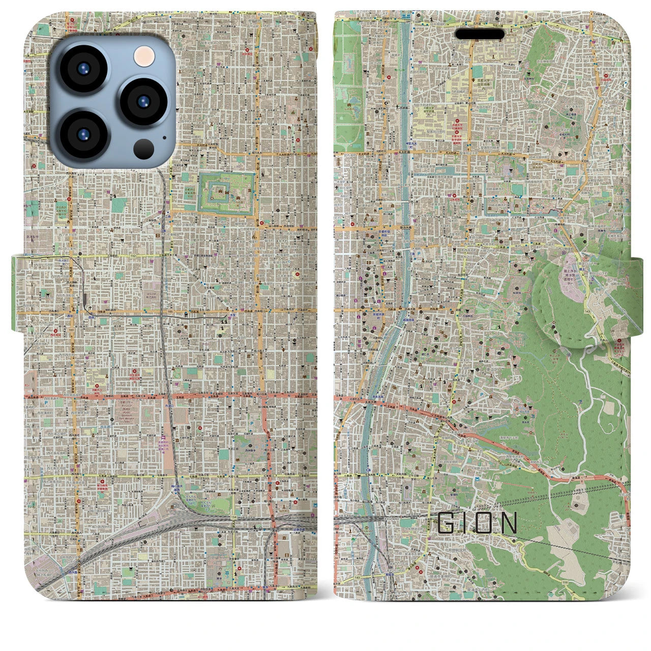【祇園】地図柄iPhoneケース（手帳両面タイプ・ナチュラル）iPhone 13 Pro Max 用
